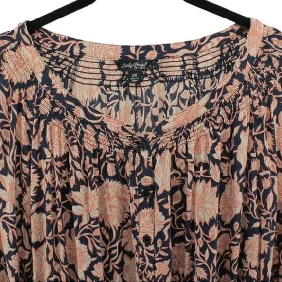 Lucky Brand Blue and Orange Babydoll Peasant Blouse Garden Summer Size 2X - Picture 4 of 8